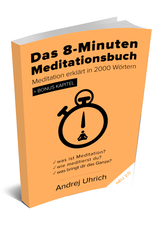 Das 8-Minuten Meditationsbuch von Andrej Uhrich – oranges Buch-Cover mit Stoppuhr-Symbol