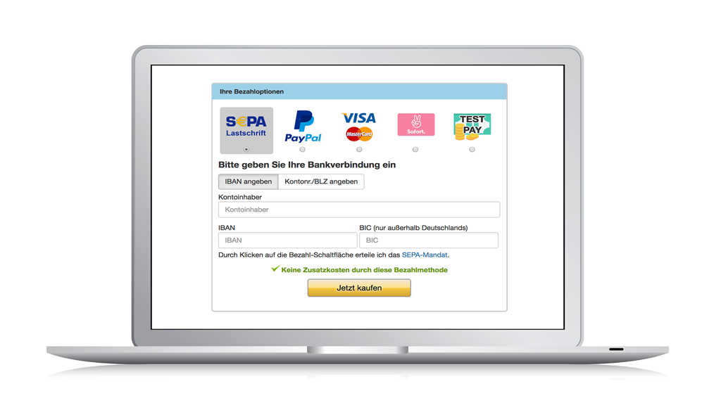 Laptop-Mockup zeigt Bezahlungsoptionen-Seite mit PayPal, Visa, Mastercard, SEPA und Testpay Icons