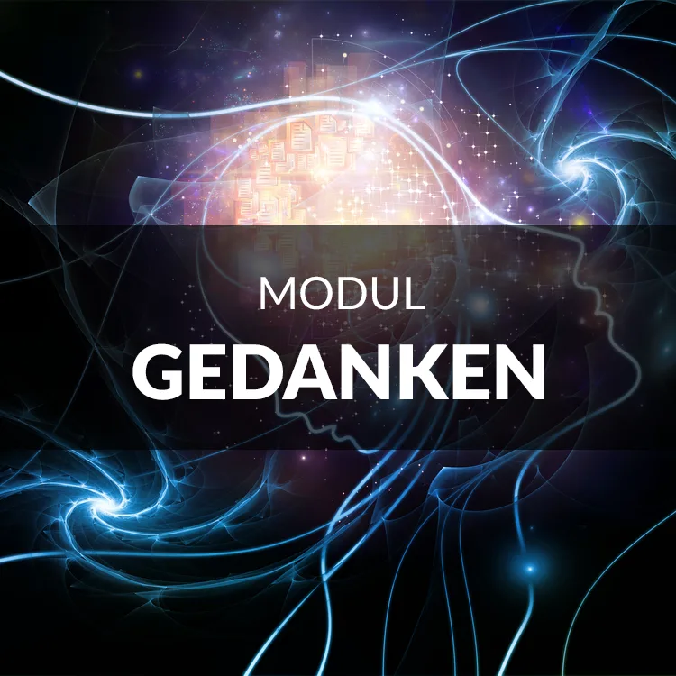 Modul Gedanken – abstraktes Hintergrundbild mit leuchtender Gehirnsilhouette und digitalen Netzwerk-Strukturen in Blau und Or