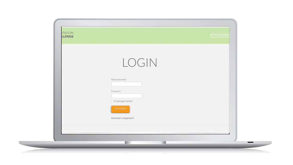 Laptop-Mockup zeigt Login-Seite der Meditation Challenge mit Benutzername und Passwort-Feldern