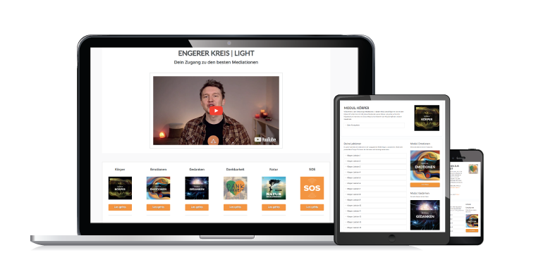 Responsive Mockup: Laptop, Tablet und Smartphone zeigen Engerer Kreis Light Plattform mit Video und Meditations-Module