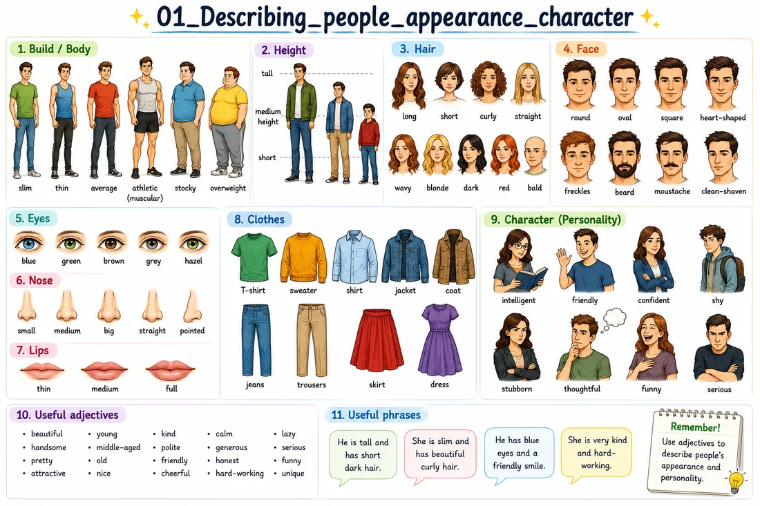Illustrierte Infografik mit Körpertypen, Hairstylen, Gesichtsformen, Augenfarben und Charaktereigenschaften