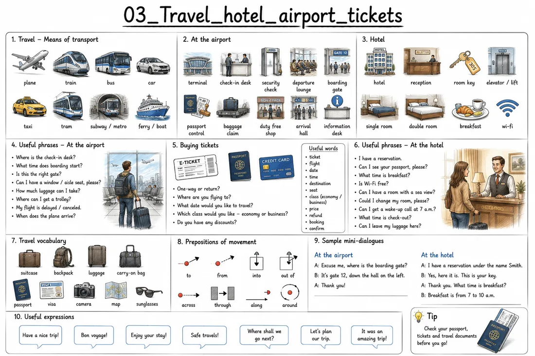Illustrierte Zusammenfassung von Transportmitteln, Flughafen-Vokabular, Hotel-Phrasen und Reiseterminologie