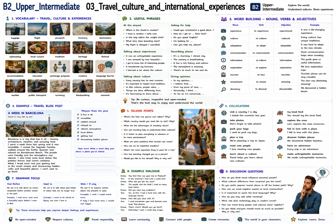 B2 Unterrichtsmaterial zu Reisen, Kultur und internationalen Erfahrungen mit Vokabeln, Ausdrücken und Beispieldialogen