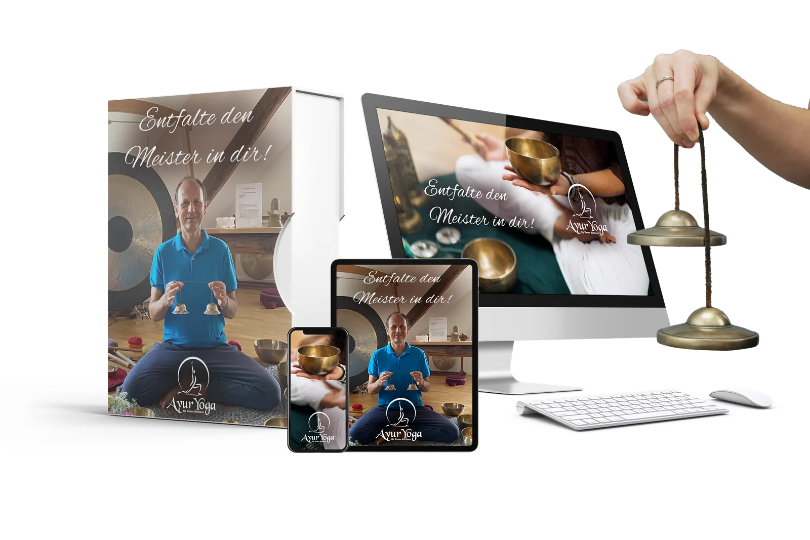 Entfalte den Meister in dir! – Meditationen und Klangreisen 7 Identisches Mockup des Online-Kurses mit Produktbox, Desktop, Tablet und Smartphone, Instructor, Klangschalen