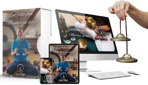 Entfalte den Meister in dir! – Meditationen und Klangreisen 8 Kompaktes Mockup des Online-Kurses mit Produktbox, Monitoren und Smartphone-Ansicht, Instructor und Klangschalen