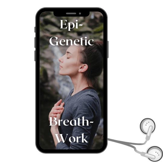 Smartphone-Mockup mit Frau beim Atemwerk und Text Epi-Genetic Breath-Work