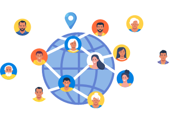 Illustratives Icon eines globalen Netzwerks mit Personen-Avataren rund um einen Globus, Partnerprogramm-Konzept