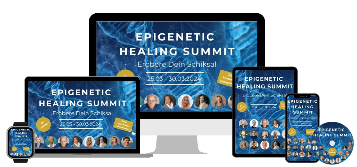 Mockup des Epigenetic Healing Summit Kongresspakets auf verschiedenen Geräten (Desktop, Tablet, Smartphone) und DVD