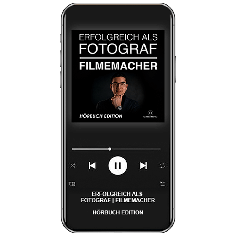 Smartphone-Mockup mit Hörbuch-Player, zeigt Buchcover Erfolgreich als Fotograf Filmemacher Hörbuch Edition