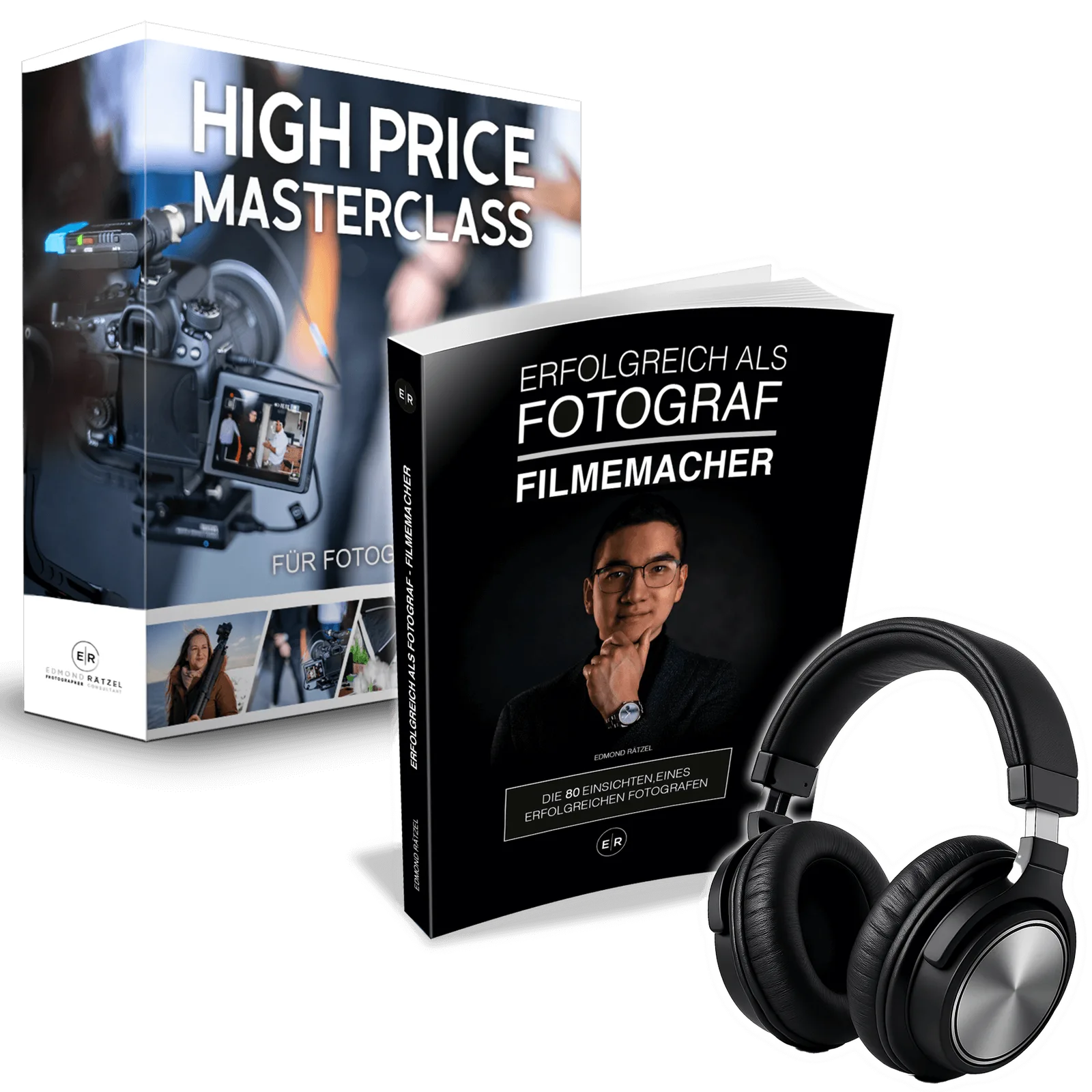 Bundle-Produktabbildung mit High Price Masterclass Box, Buch Erfolgreich als Fotograf Filmemacher und Kopfhörer