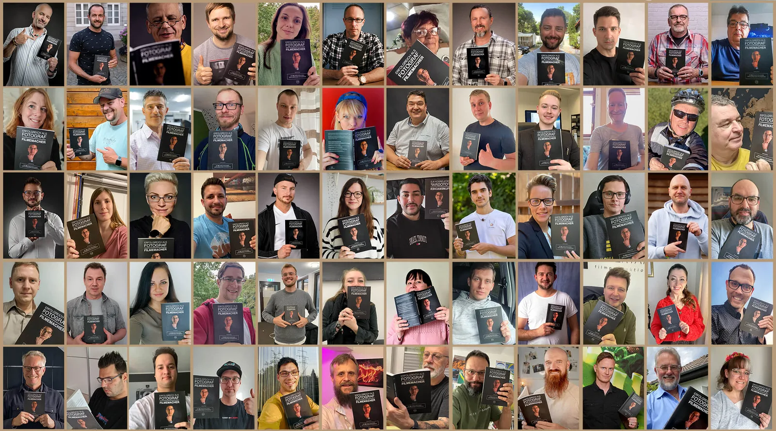 Collage von etwa 80 Personen, die das Buch Erfolgreich als Fotograf Filmemacher halten, diverse Altergruppen und Geschlechter