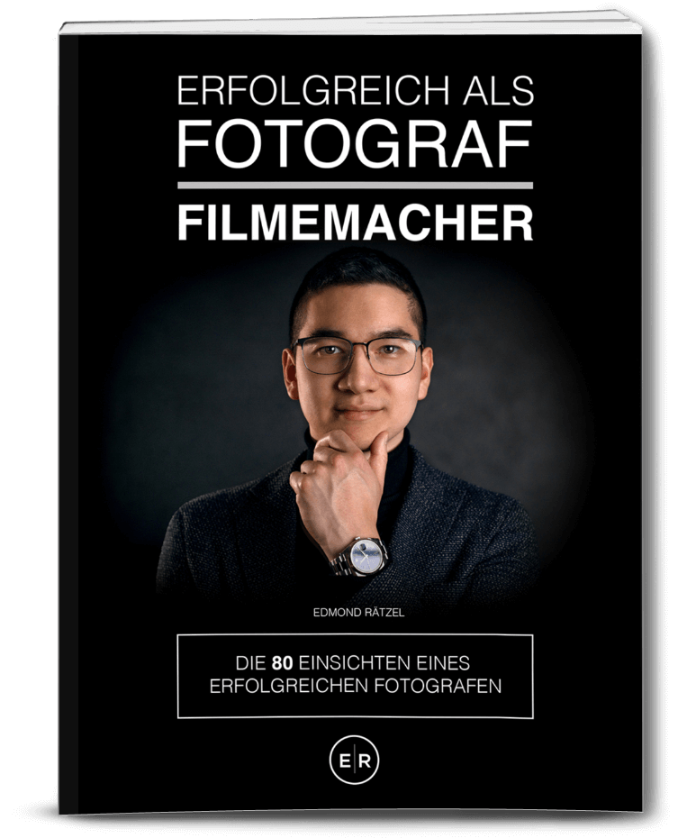 Buchcover Erfolgreich als Fotograf Filmemacher mit Portrait von Edmond Rätzel, schwarzer Hintergrund, weiße Typografie