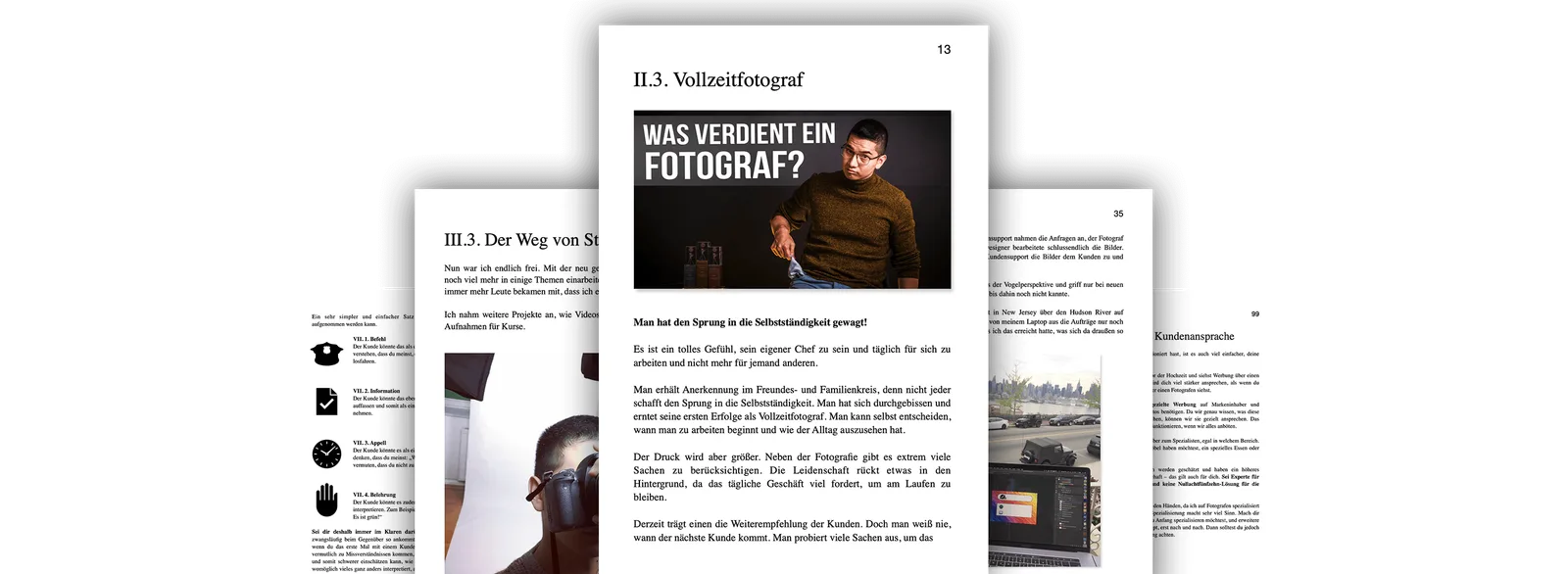 Vier Buchseiten-Ausschnitte nebeneinander zeigen verschiedene Kapitel und Inhalte des Buches mit Fotos und Text