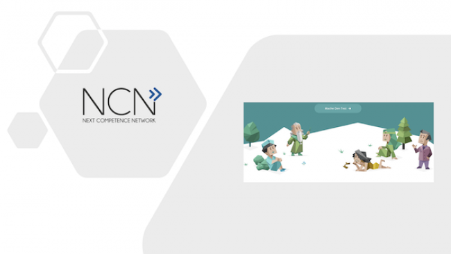 NCN Logo mit Wabenmuster und illustrierten Personen in winterlicher Szenerie