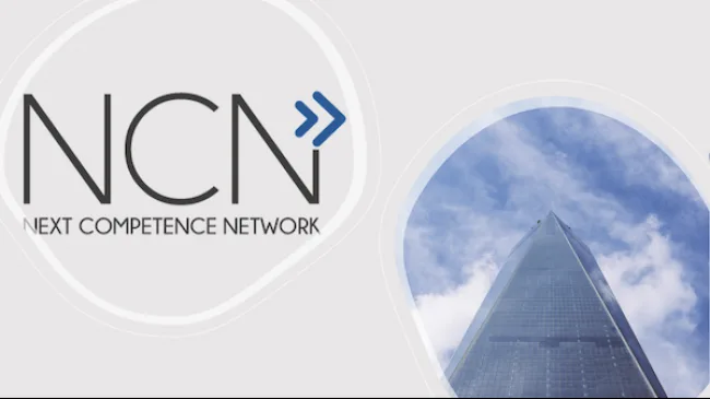 NCN Next Competence Network Logo neben moderner Hochhaus-Architektur gegen Himmel