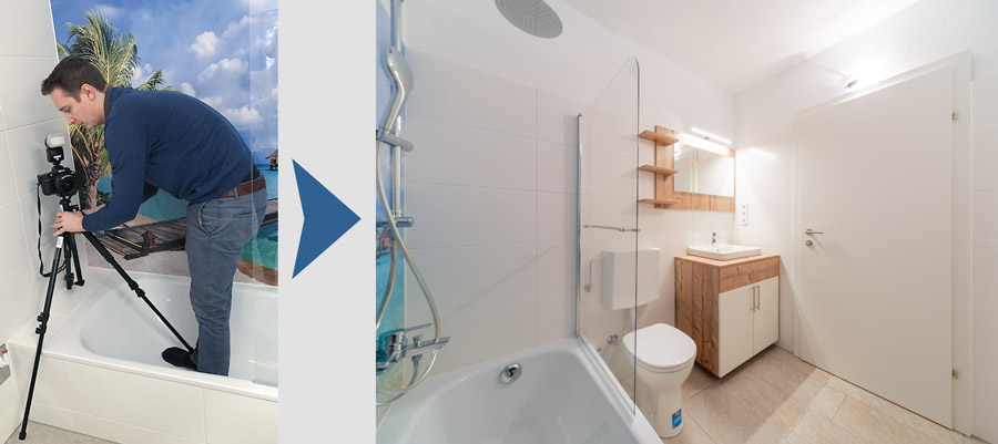 Erfolgreiche Immobilien Fotos – Objektbilder-Kurs von Alex Stadler 11 Mann fotografiert Badezimmer mit Smartphone und Stativ, Vorher-Nachher-Vergleich