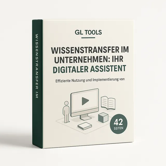 Produktbox Wissenstransfer im Unternehmen mit beige-grünem Design, Person am Monitor und 42 Seiten