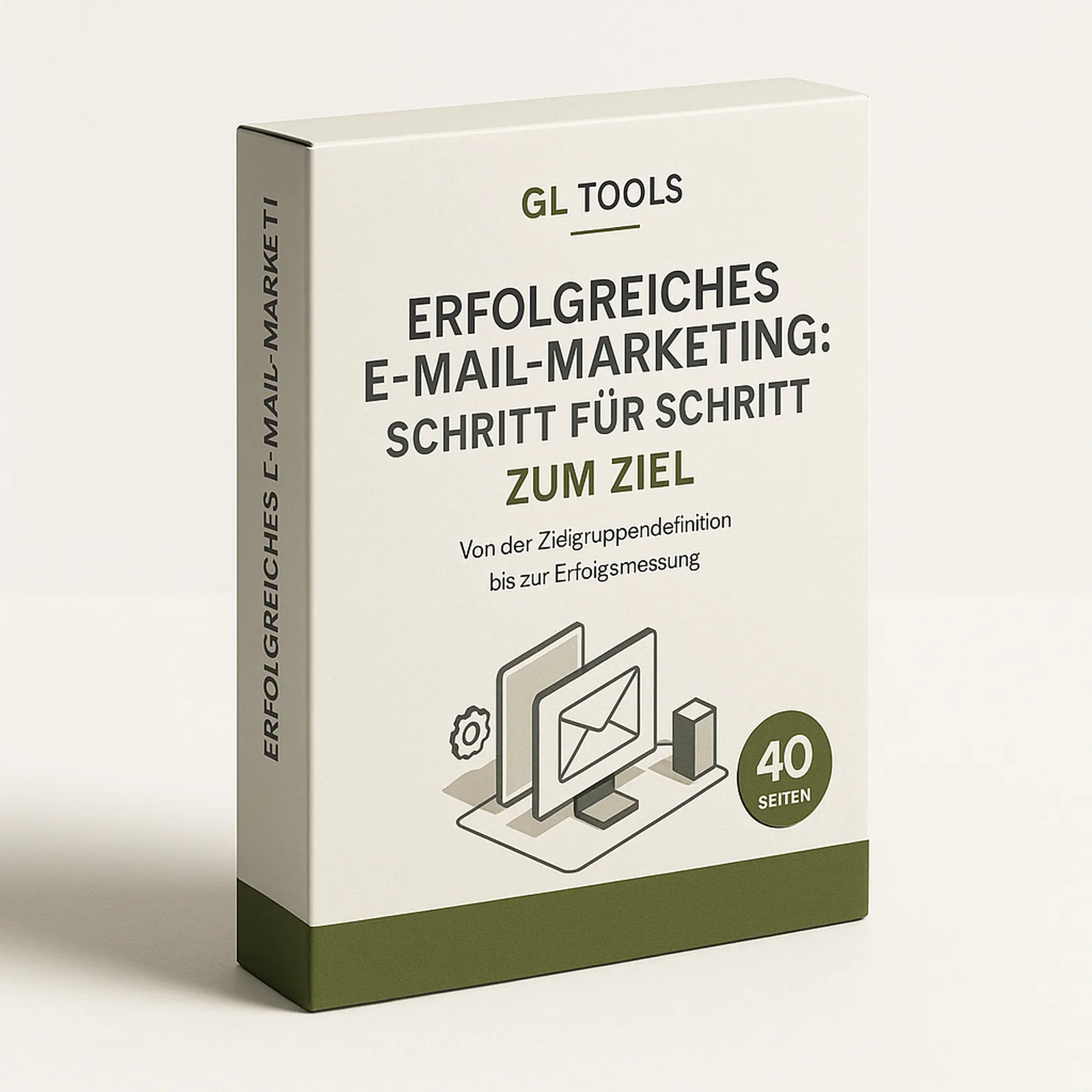 Produktbox Erfolgreiches E-Mail-Marketing mit beige-grünem Design, Briefumschlag-Symbol und 40 Seiten Kennzeichnung
