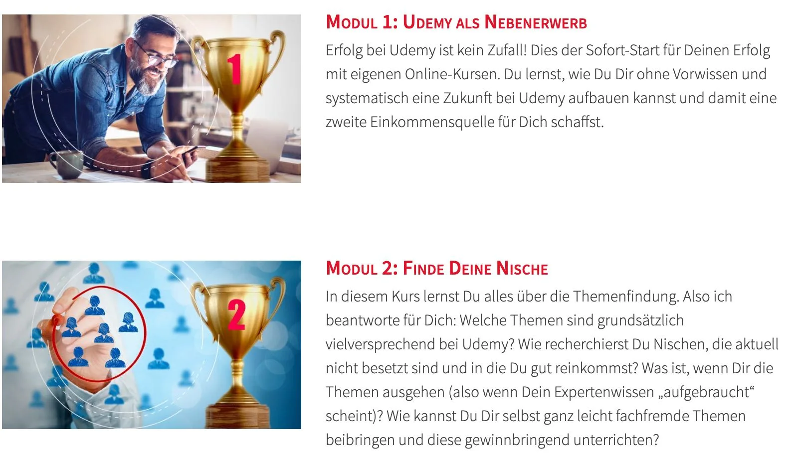 Mann mit Brille und Pokal 1, Modul-Beschreibung Udemy als Nebenerwerb