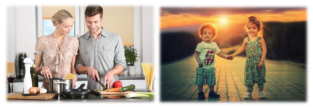 Paar kocht gemeinsam in der Küche und zwei Kinder halten sich an den Händen im Sonnenuntergang