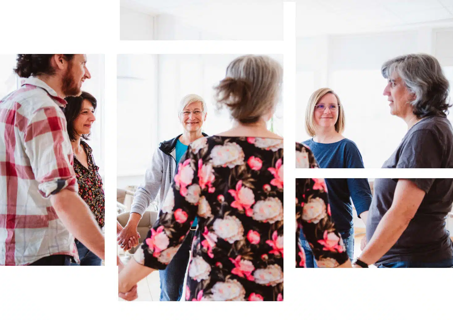 Collage mit verschiedenen Aufnahmen von Menschen in Gesprächen und Beratungssituationen