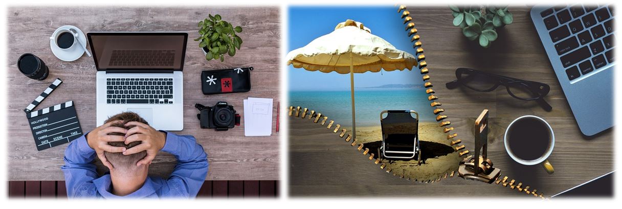 Erkenne und lebe Deine Berufung – Berufung & Lebenssinn-Videokurs 4 Geteiltes Bild: links gestresster Mann am Laptop, rechts entspannte Szene mit Strandliege