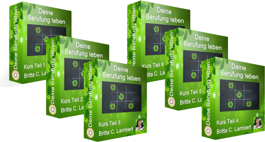 Erkenne und lebe Deine Berufung – Berufung & Lebenssinn-Videokurs 5 Mockup mehrerer grüner Kursboxen Deine Berufung leben mit 6 Kursmodulen