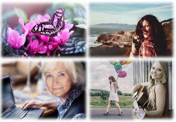 Erkenne und lebe Deine Berufung – Berufung & Lebenssinn-Videokurs 10 Collage mit vier Bildern: Schmetterling, Frau in Natur, ältere Frau am PC, Frau mit Ballons
