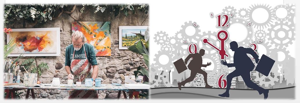 Erkenne und lebe Deine Berufung – Berufung & Lebenssinn-Videokurs 3 Collage mit Künstler bei der Arbeit und Business-Silhouetten mit Uhr und Zahnrädern
