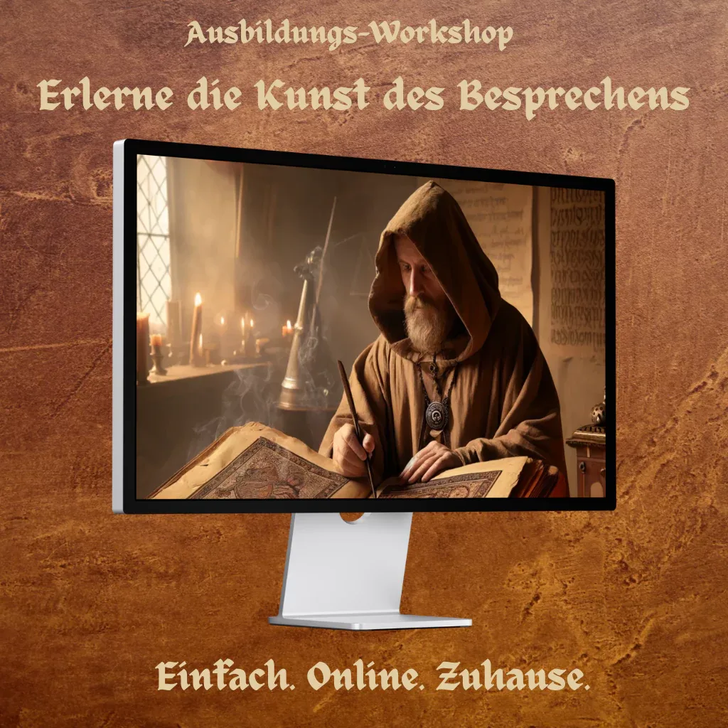 Monitor mit mittelalterlichem Schreiber-Motiv, Aufschrift Ausbildungs-Workshop Erlerne die Kunst des Besprechens, Einfach Onl