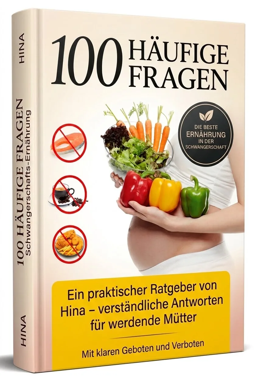E-Book Cover 100 Häufige Fragen Schwangerschaftsernährung mit schwangerer Frau und Gemüse