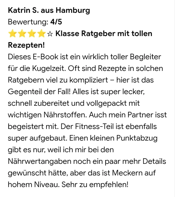 Kundenbewertung von Katrin S. aus Hamburg, 4 von 5 Sternen, über E-Book mit Rezepten