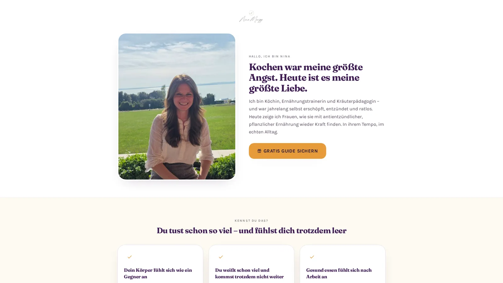 Nina Muigg mit Textblock: Kochen war meine größte Angst, heute ist es meine größte Liebe