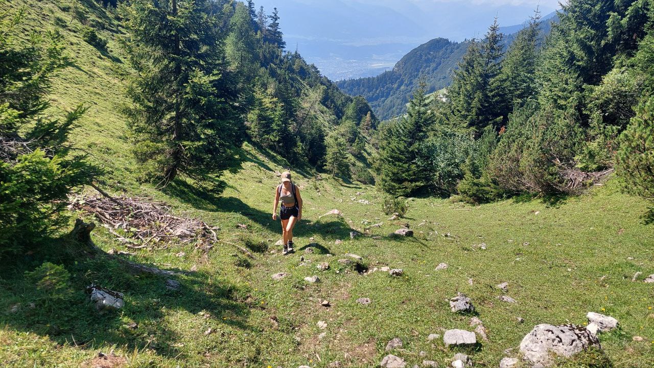 Frau wandert auf Bergpfad durch Wald mit Panoramablick über Täler Tirols