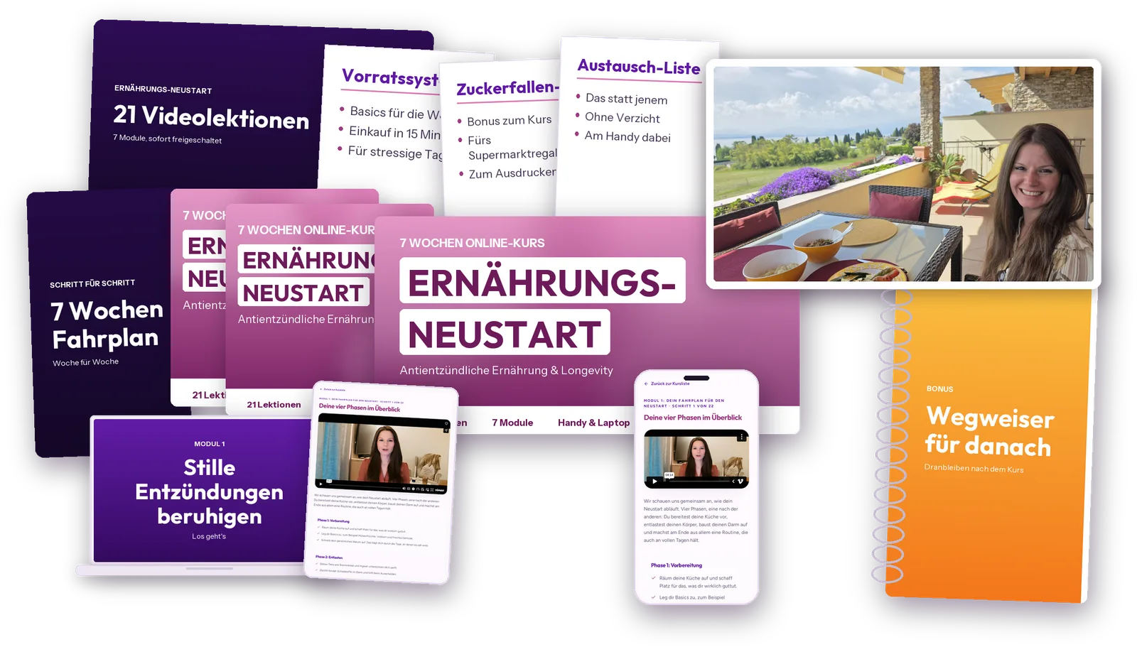 Ernährungs-Neustart Kursplattform auf Laptop, Tablet und Smartphone mit Modulen und Videolektionen