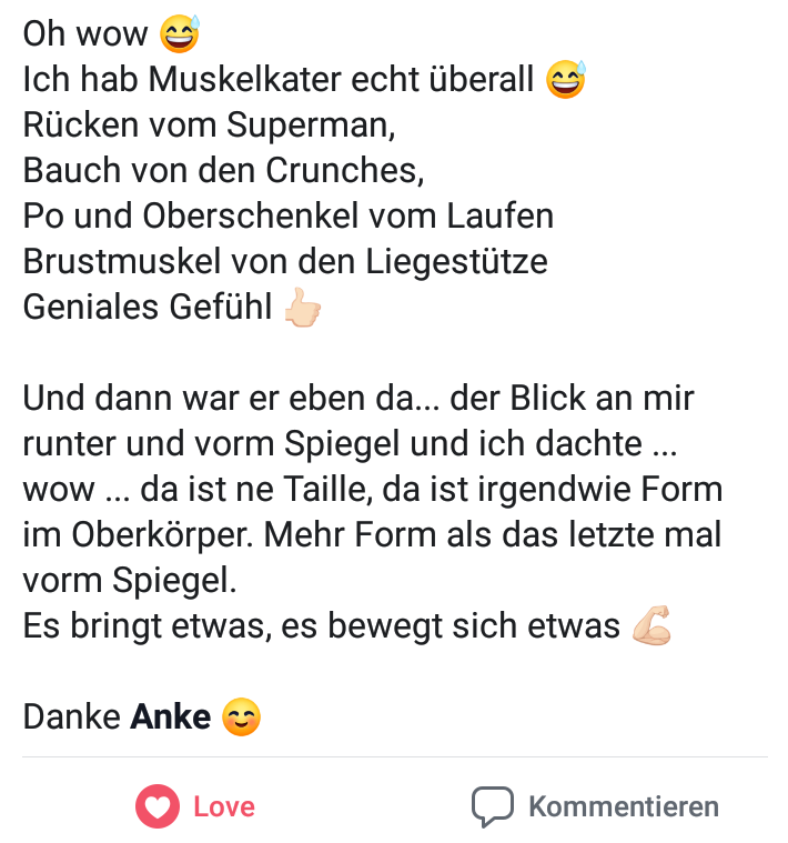 Facebook-Kommentar mit Kundenbewertung über Muskelaufbau und Körperkondition nach Coaching