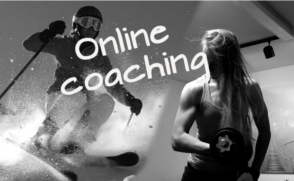 Schwarz-Weiß-Collage mit Skifahrer und Frau mit Hantel, Text 'online coaching'