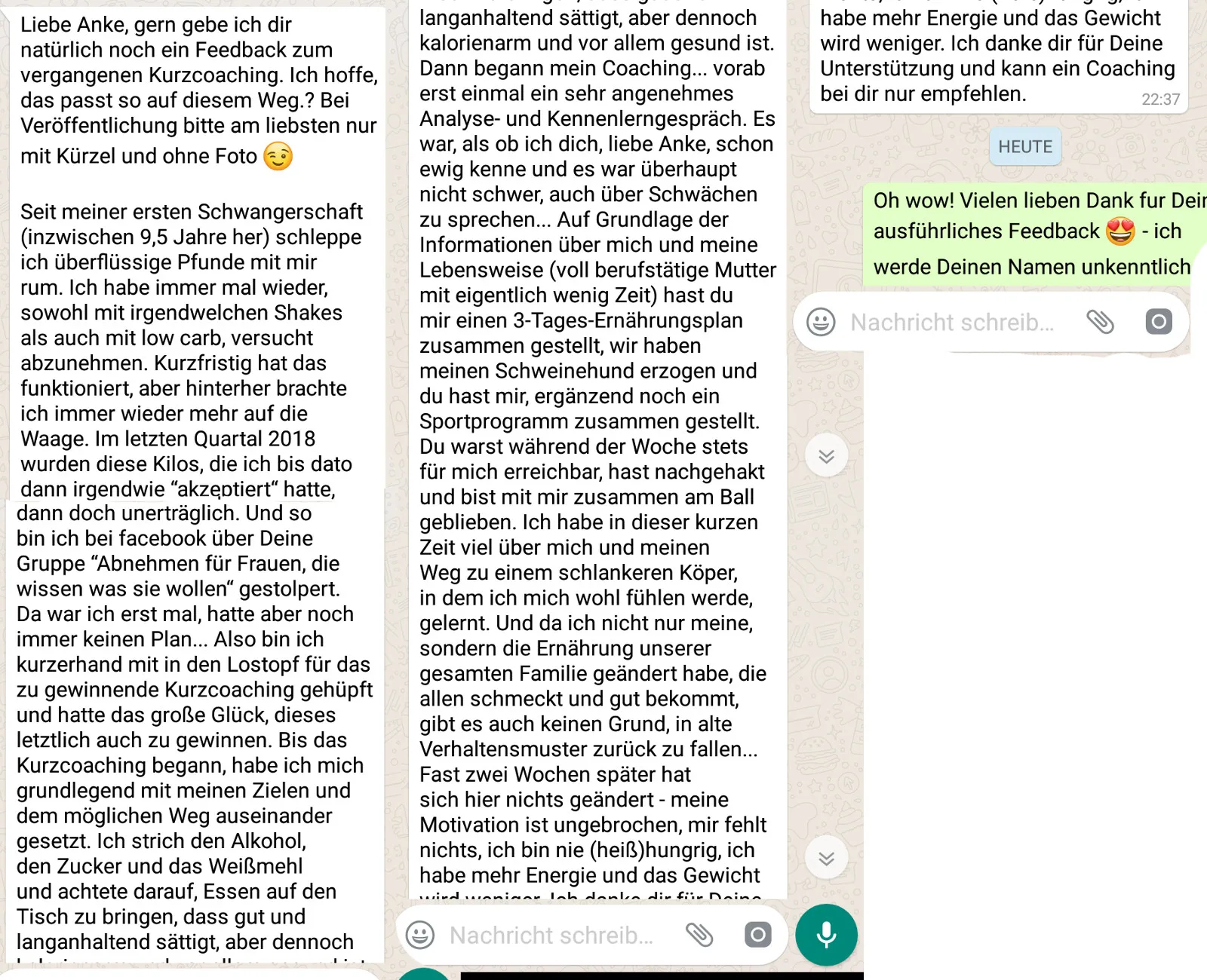 WhatsApp-Nachrichtenchat mit mehreren Kundenbewertungen zum Coaching und Ernährungsumstellung