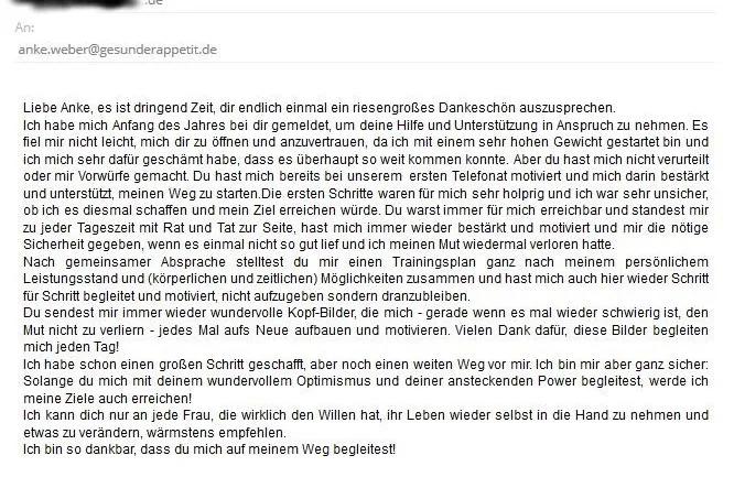 Textblock mit Kundenmeinung zum Ernährungs- und Mindsetcoaching von Anke Weber