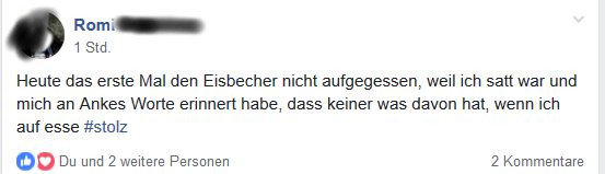 Facebook-Post einer Kundin berichtet von erstem erfolgreichen Eisessen nach Coaching