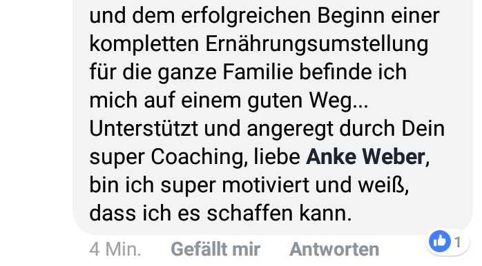 Textauszug einer Kundenbewertung zur Ernährungsumstellung und erfolgreichem Coaching