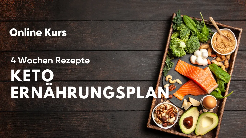Thumbnail mit dunkelgrauem Holzhintergrund, Lebensmitteln in Holzbox und Text 'Online Kurs 4 Wochen Rezepte KETO ERNÄHRUNGSPL