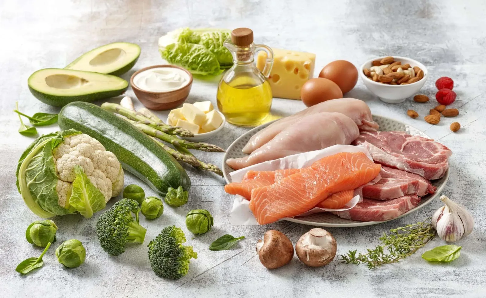 Auswahl von Keto-Lebensmitteln auf grauem Untergrund: Avocado, Lachs, Rindfleisch, Huhn, Gemüse, Eier, Käse, Nüsse, Öl
