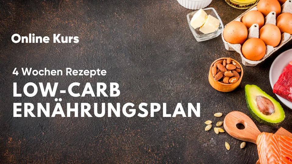 Kursseite mit Text 'Online Kurs 4 Wochen Rezepte LOW-CARB ERNÄHRUNGSPLAN' und Low-Carb-Lebensmitteln