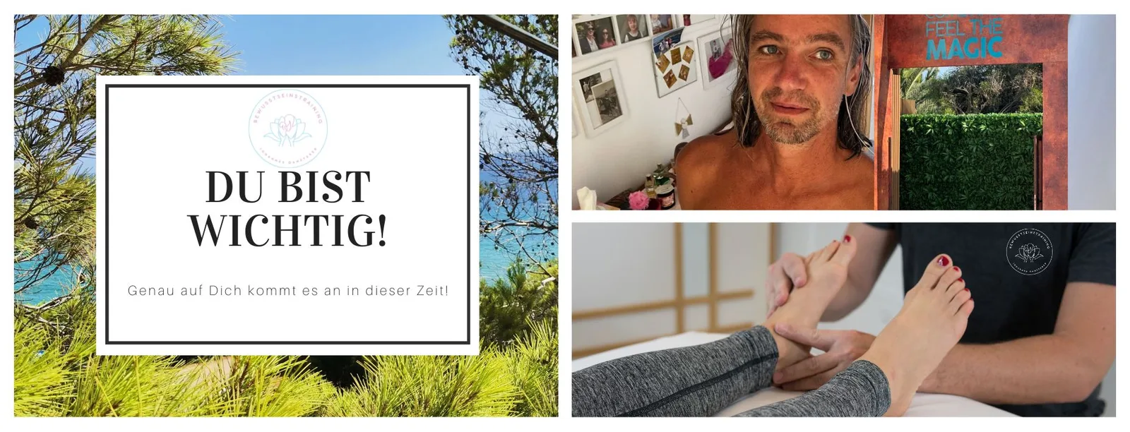 Galerie-Banner mit Szenen des Kurses: Natur, Porträt und Massageszene mit Aufschrift "DU BIST WICHTIG"