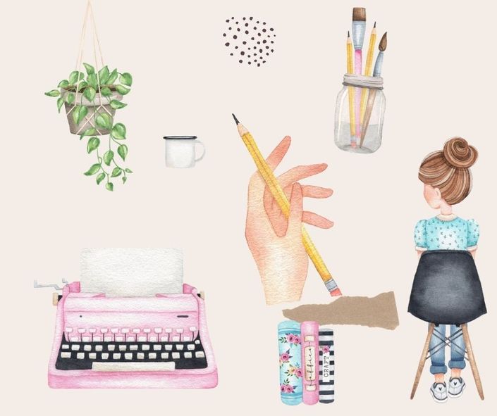 Illustrierte Collage mit rosa Schreibmaschine, Frauenhand mit Stift, Hängepflanze, Kaffeetasse, Pinselhalter und sitzender Fr