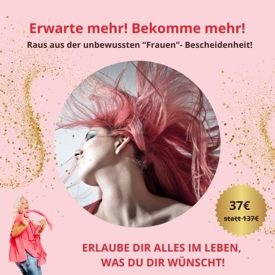Hero-Banner mit Frau mit rosafarbenen Haaren, Goldglitter, Kurs-Titel und Preis 37€