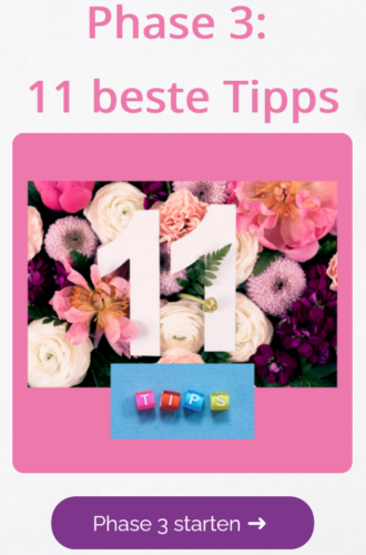 Kursmodul Phase 3 mit Titel 11 beste Tipps, Blumendekoration und Würfel mit Buchstaben, violetter Button Phase 3 starten