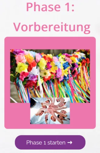 Kursmodul Phase 1 mit Titel Vorbereitung, bunte Luftballons und Frauengruppe, violetter Button Phase 1 starten